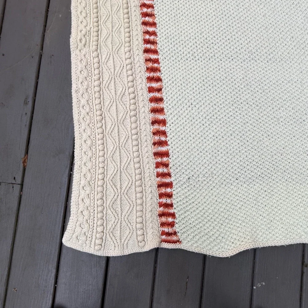 2.8.11 Cable Knit Throw Blanket 67x60 Cream Rust Aran Style Fisherman Bobble
